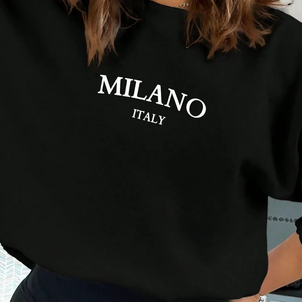 Black Casual Women's Minimalist Milano Italy Print Loose Fit Sweatshirt - Picture 2 of 4